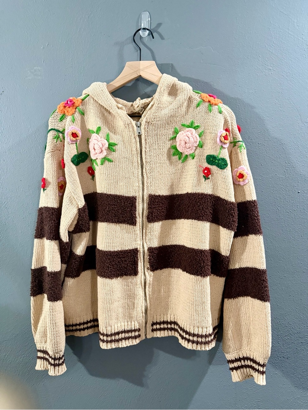 POL Beige Hooded Zip Cardigan with Brown Stripes and Floral Embroidery